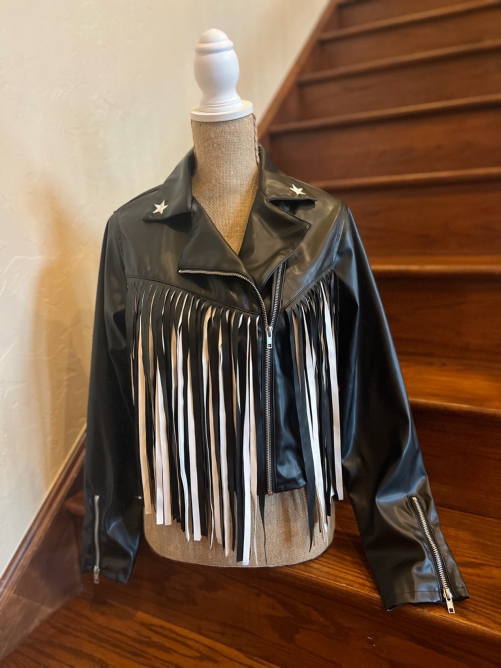 Fringe Faux Leather Biker Jacket - Black & White